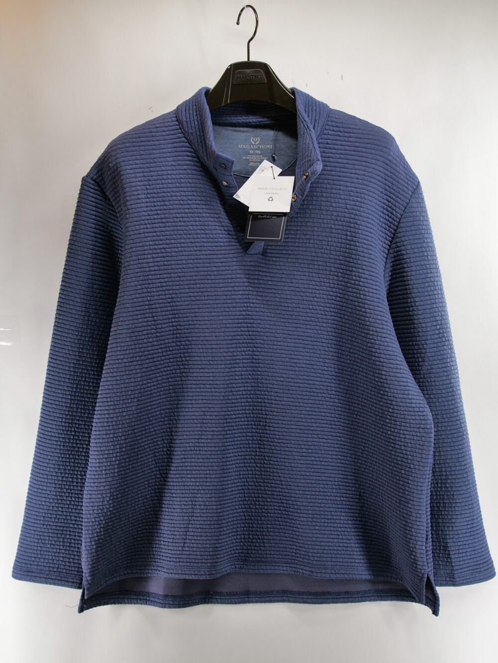 Magaschoni Men's Navy Heather Ribbed Waffle Knit 1/4 Snap Pullover XL NWT